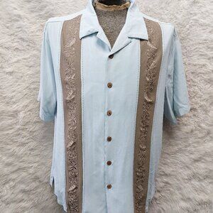 Caribbean Hawaiian Shirt Mens Silk Blend Blue Embroidered Camp Tropical XL